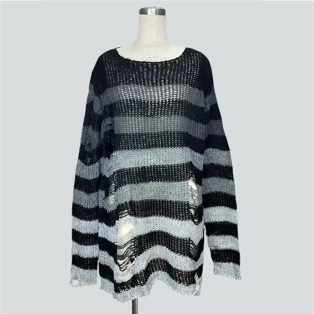 Sweter Rajut Bergaris Pelangi Pulover Tertekan Grunge Gotik Pakaian Rajut Berongga Robek Y2K Jumper Jersey Atasan Lengan Panjang Wanita