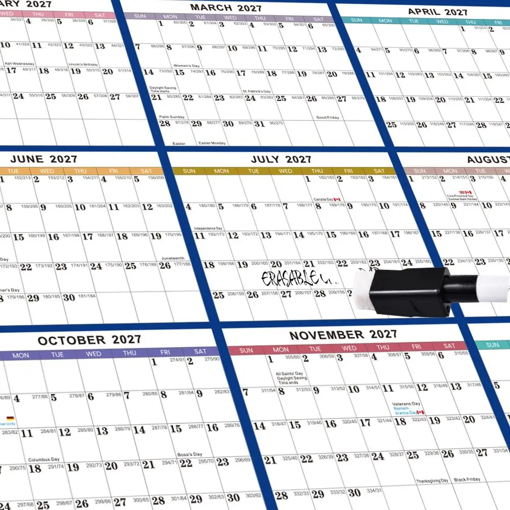 Jan. 2027 - Dec. 2027 Yearly English Planner Calendar Double-sided Writable 12 Month Planner Reversible Wet & Dry Erasable