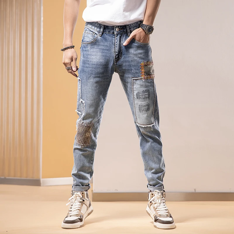 Retro Blue Stretch Slim Fit Jeans for Men High Street Fashion Ripped Seams Designer Multi Pocket Pants
