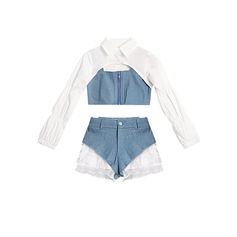 ZZL Urban Street Jazz Dance Children's Clothes K-pop Stage Outfits Blue White Fashion Cool Clothes for Girls Y2K Runway Show