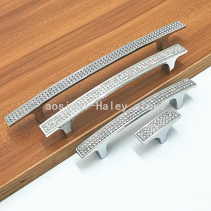 Crystal Furniture Handle Dresser Drawer Silver Pulls Cabinet Handles Rhinestone Glass Kitchen Knob Single hole/ 96mm/128mm/160mm