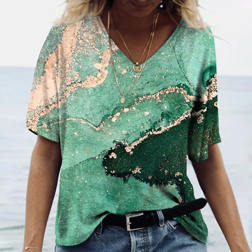 New Marble Gradient 3D Print T-Shirts Women V-Neck Short Sleeve T Shirt Streetwear Y2K Casual Tees Harajuku Tops Female Clothing