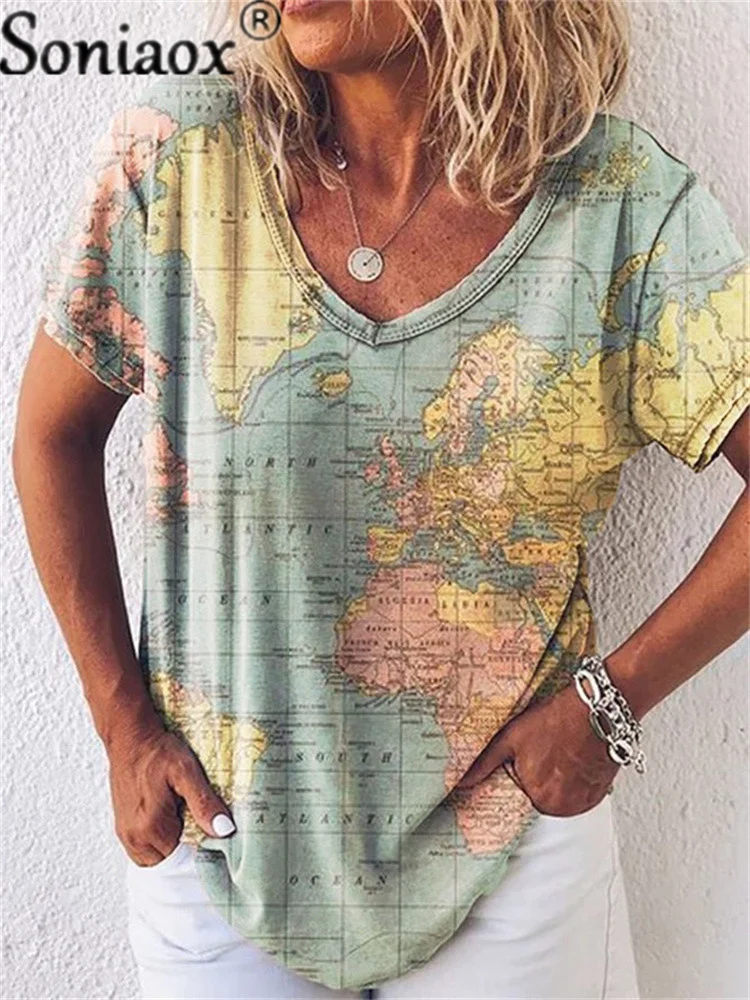 

Summer 3D Map Print T Shirt Women Short Sleeve Shirt Fashion Casual V-Neck Ladies Oversized Loose T-Shirt Tops 2022