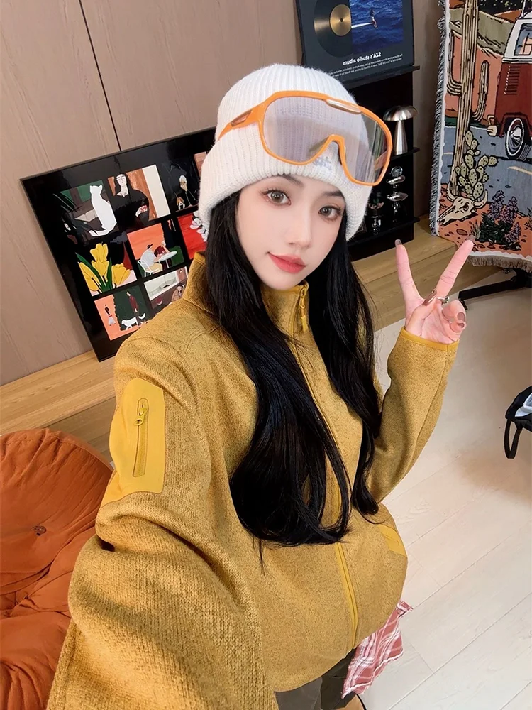 American Color Blo Zipper Fce Sweatirt Women's Outdoor Climbing Cycling Sport Jaet Couple Layering Base irt