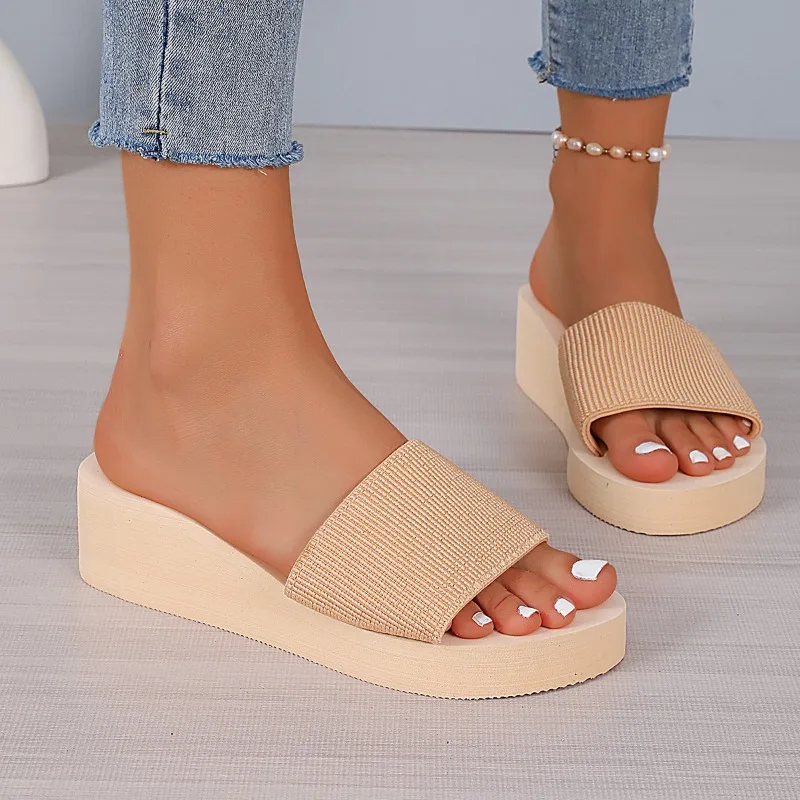 

Вязаные женские тапочки на танкетке, лето 2023, сандалии на танкетке на массивной платформе, женская легкая пляжная обувь на толстой подошве