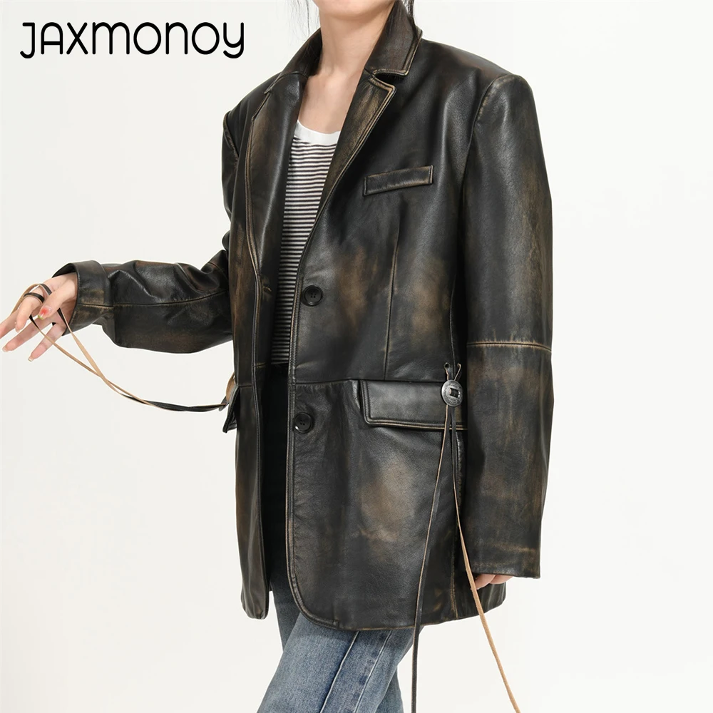 Jaxmonoy Sheepskin Coat for Women Fashion Loose Real Leather Jacket Ladies Autumn Genuine Leather Blazer Female 2024 New Arrival