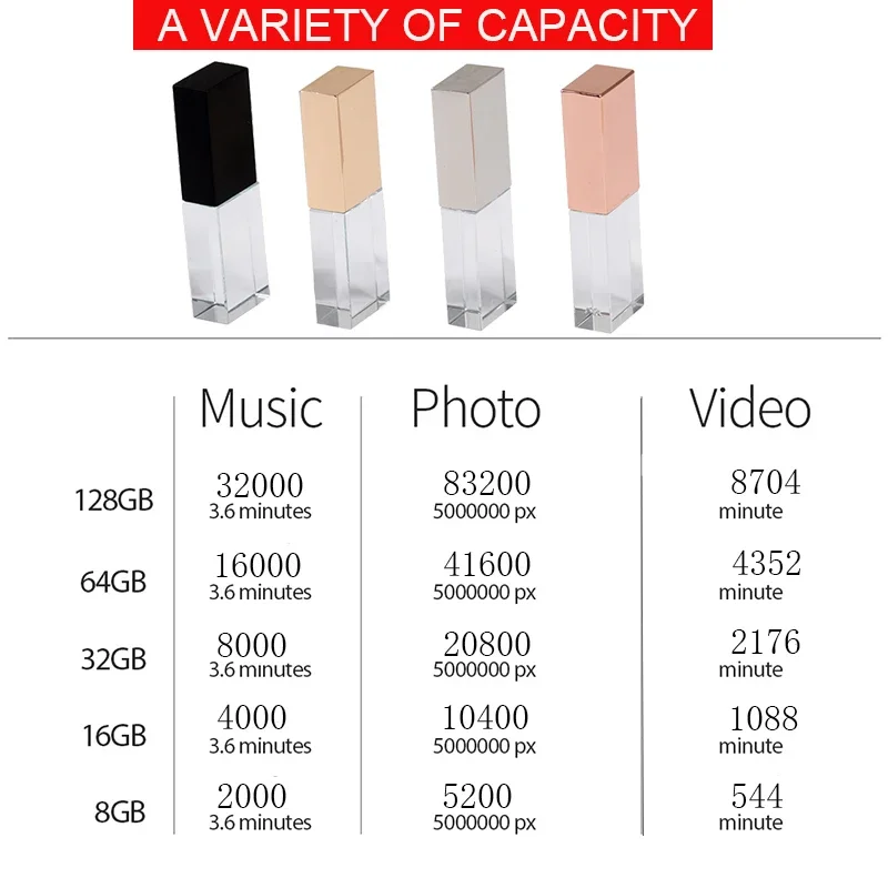 Imagem -06 - Cristal Usb Flash Drives 128gb Criativo Presente de Casamento Pen Drive gb Cartão de Memória Real Capacidade 32 64gb Logotipo Personalizado Gratuitamente 50 Pcs Lote