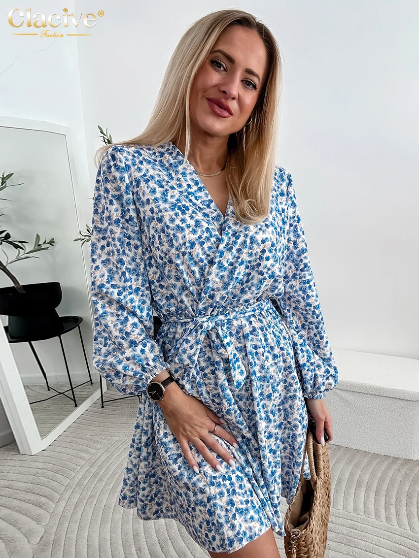 Clacive Fashion Loose Print Women's Dress 2025 Casual V-Neck Long Sleeve Mini Dresses Elegant Classic Lace-Up Female Dress