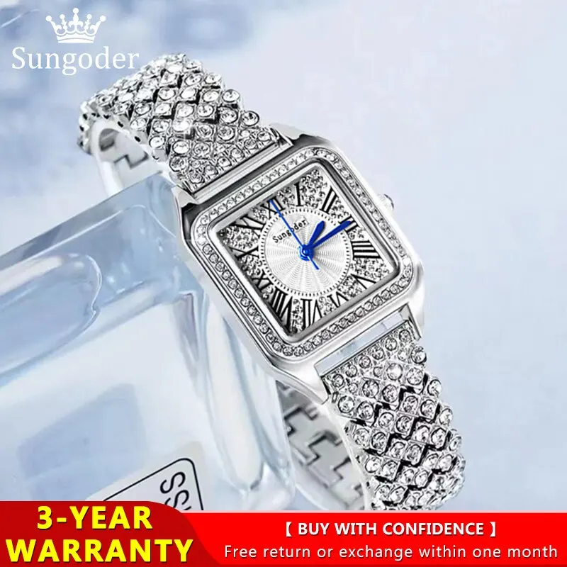 SUNGODER Original Women's Watch Waterproof Stainless Steel Simple Fashion Swarovski Diamonds Square Ladies Luxury WristWatch