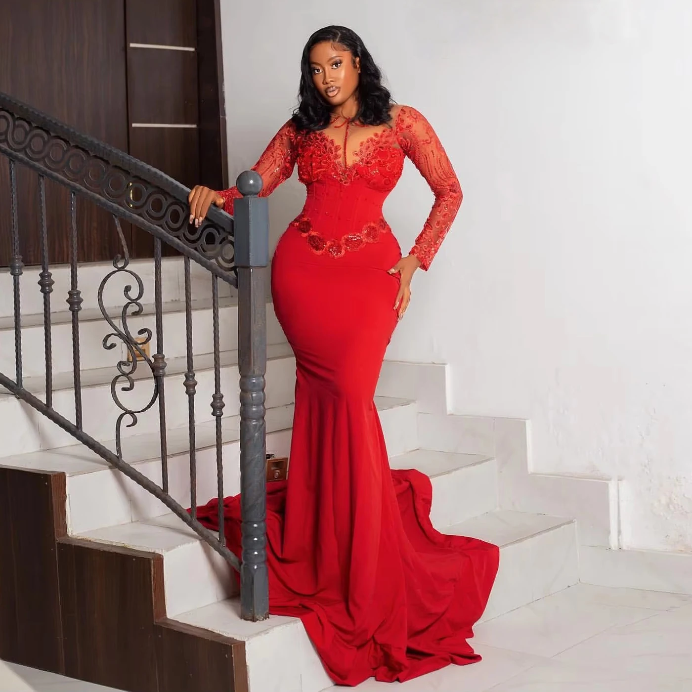 Aso Ebi Style Red Lace Evening Dresses Plus Size Black Women Wedding Reception Dress Beaded Flower African Birthday Dress Gown