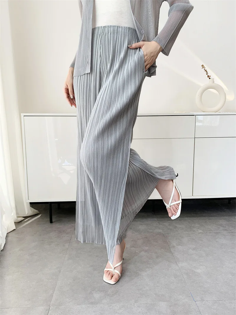 Miyake Pleated Women's Casual Solid Color Mesh Double Layer Elastic Waist Wide Leg Pants