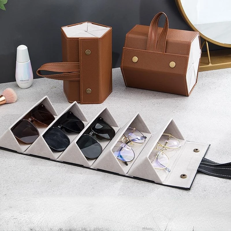 Sunglasses Organizer Box 5 slot Eyeglasses Storage Folding Portable Glasses Travel PU Leather Case Home Storage