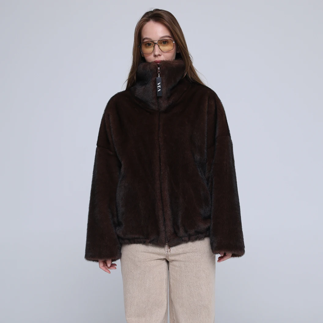 RU Women Faux Mink Fur Cropped Jacket Full Zip Drawstring Hem Loose Wide Sleeve Warm Ladies Fluffy Casual Outerwear