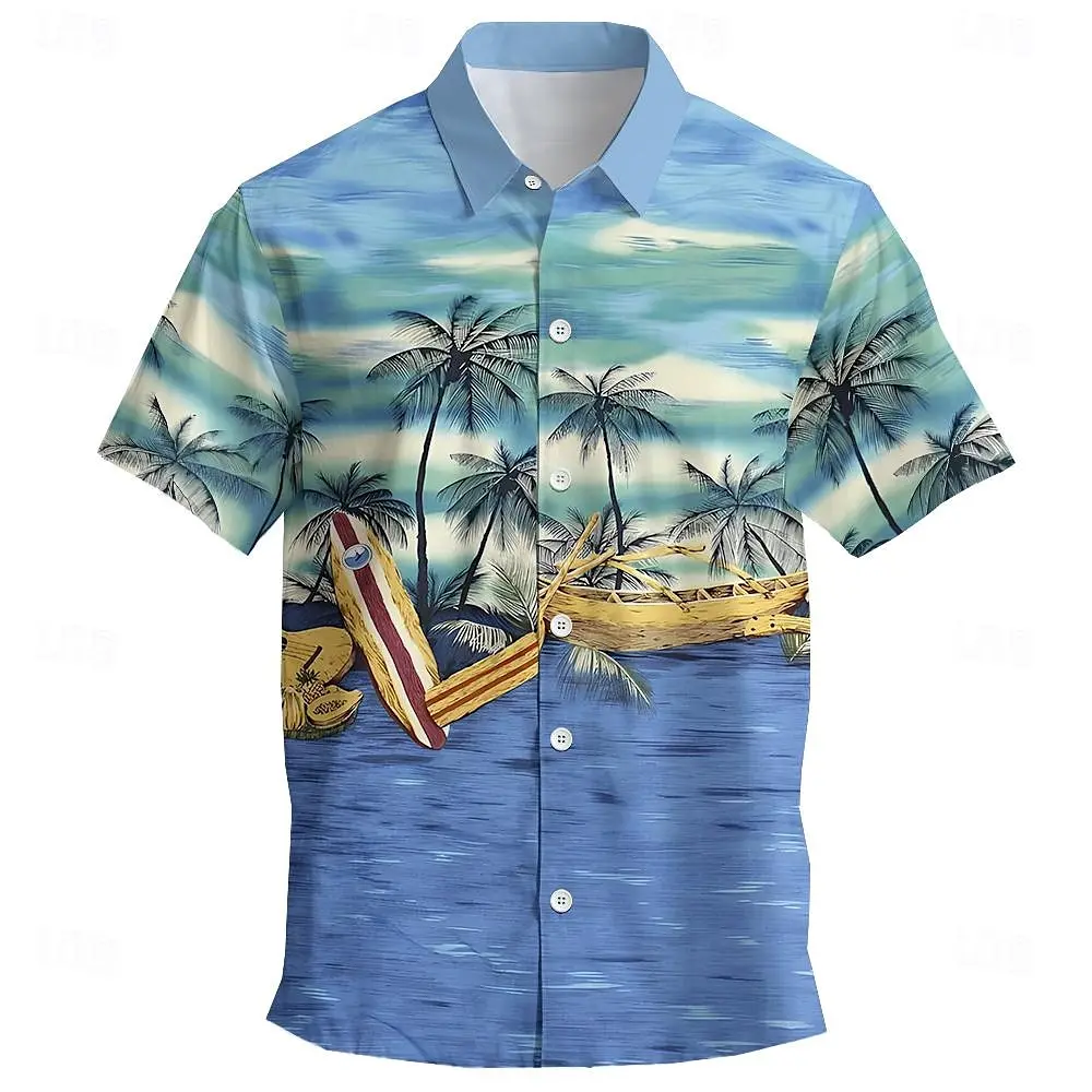 Camisa de manga corta con estampado de árbol de Coco para hombre, camisa hawaiana informal de playa, Tops holgados de gran tamaño, verano, 2024