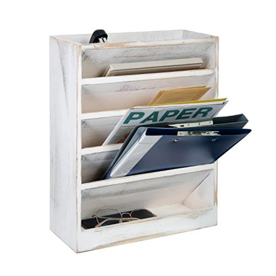 

Винтажный деревянный настенный органайзер для документов и журналов с 5 отделениями, в стиле рустик, из состаренной обожженной древесины, для офисного стола или стены