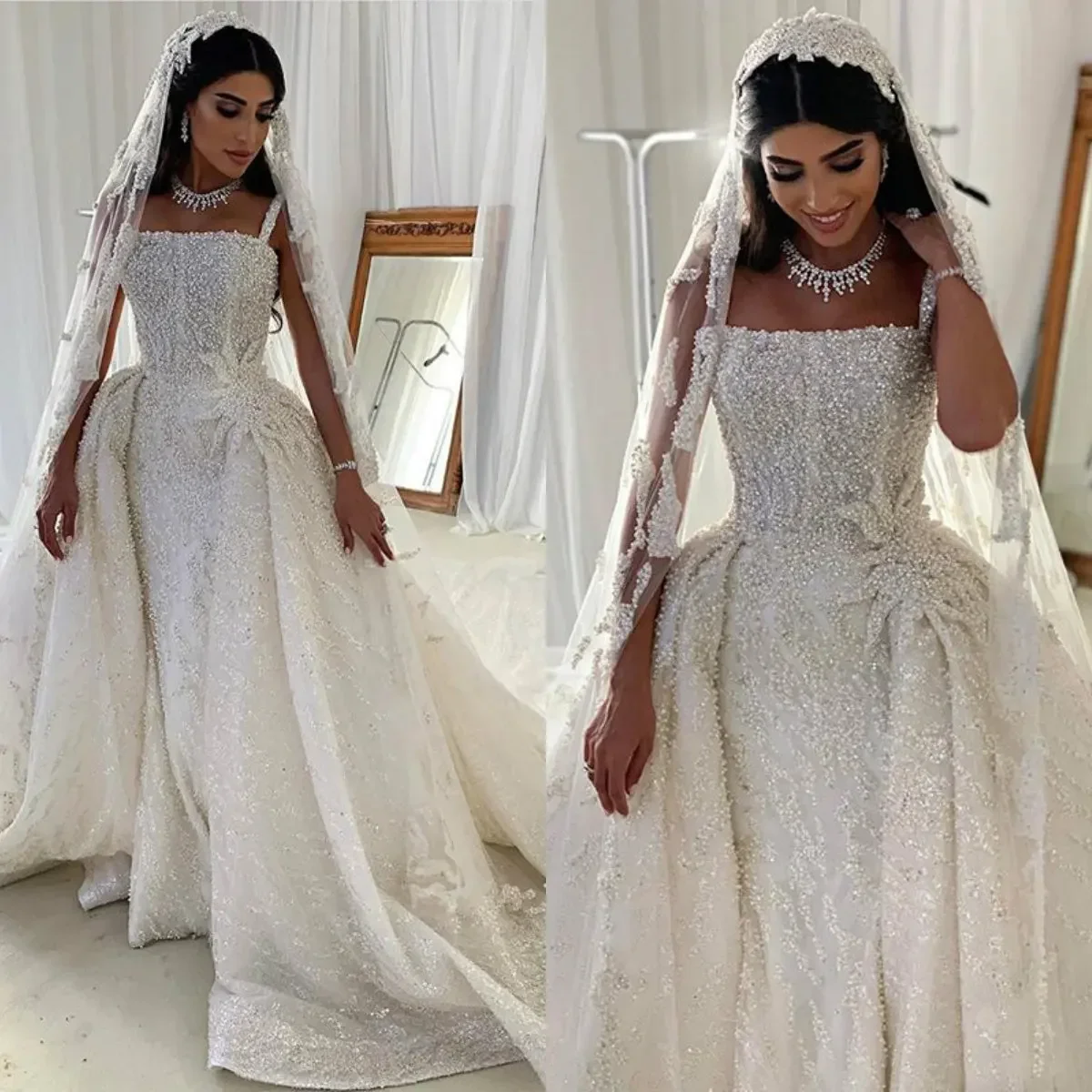 Customized  Spark Full Sequins Beads Wedding Dress With Overskirt Spaghetti Strap Luxury Vestido De Casamento Bridal Gown