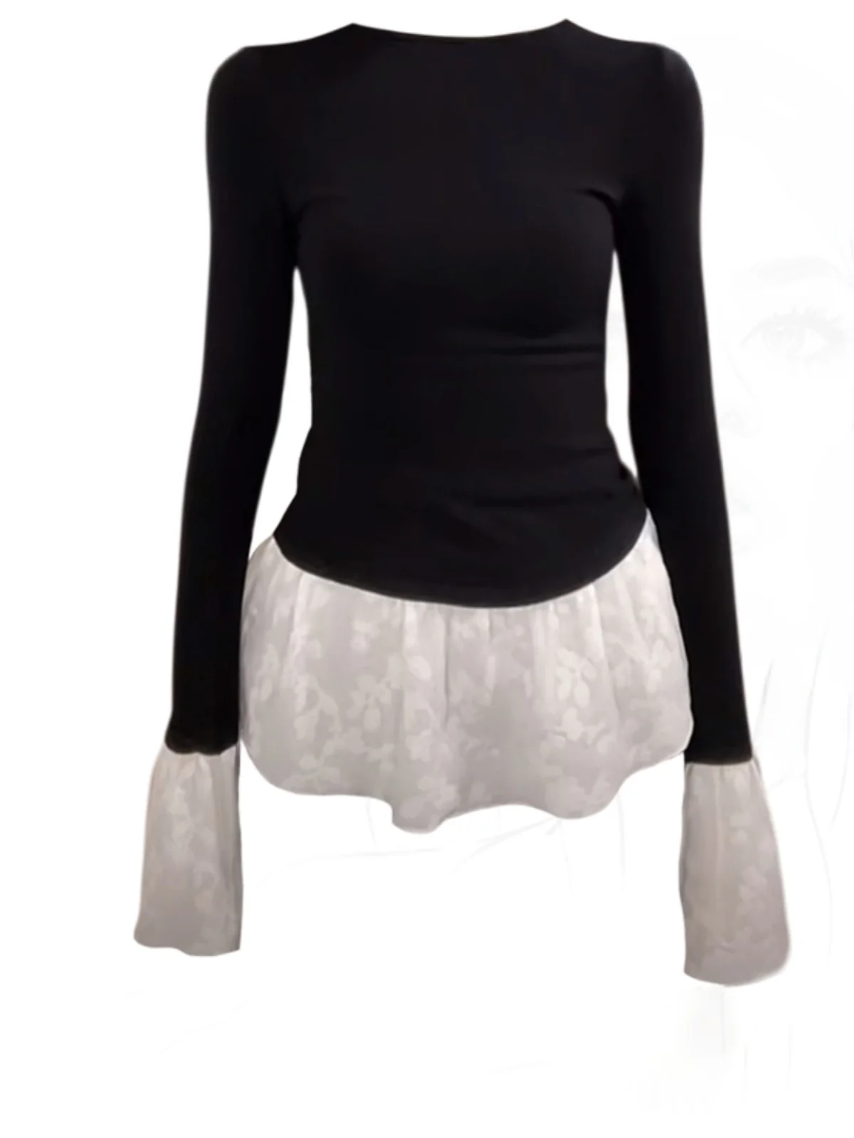

plus Size Lace Splice Long Sleeve T-Shirt Women's Slim Fit Fashionable Bell Sleeve Top for Autumn Season Casual Wear