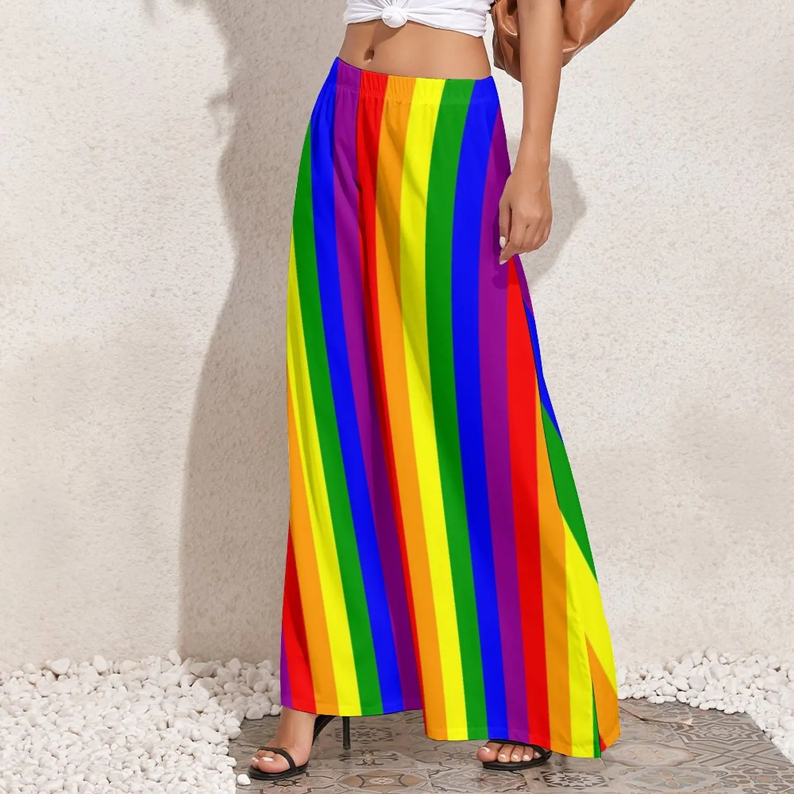 Rainbow Striped Pants Pride Celebration Aesthetic Straight Wide Leg Pants Elastic High Waist Classic Trousers Big Size 5XL 6XL