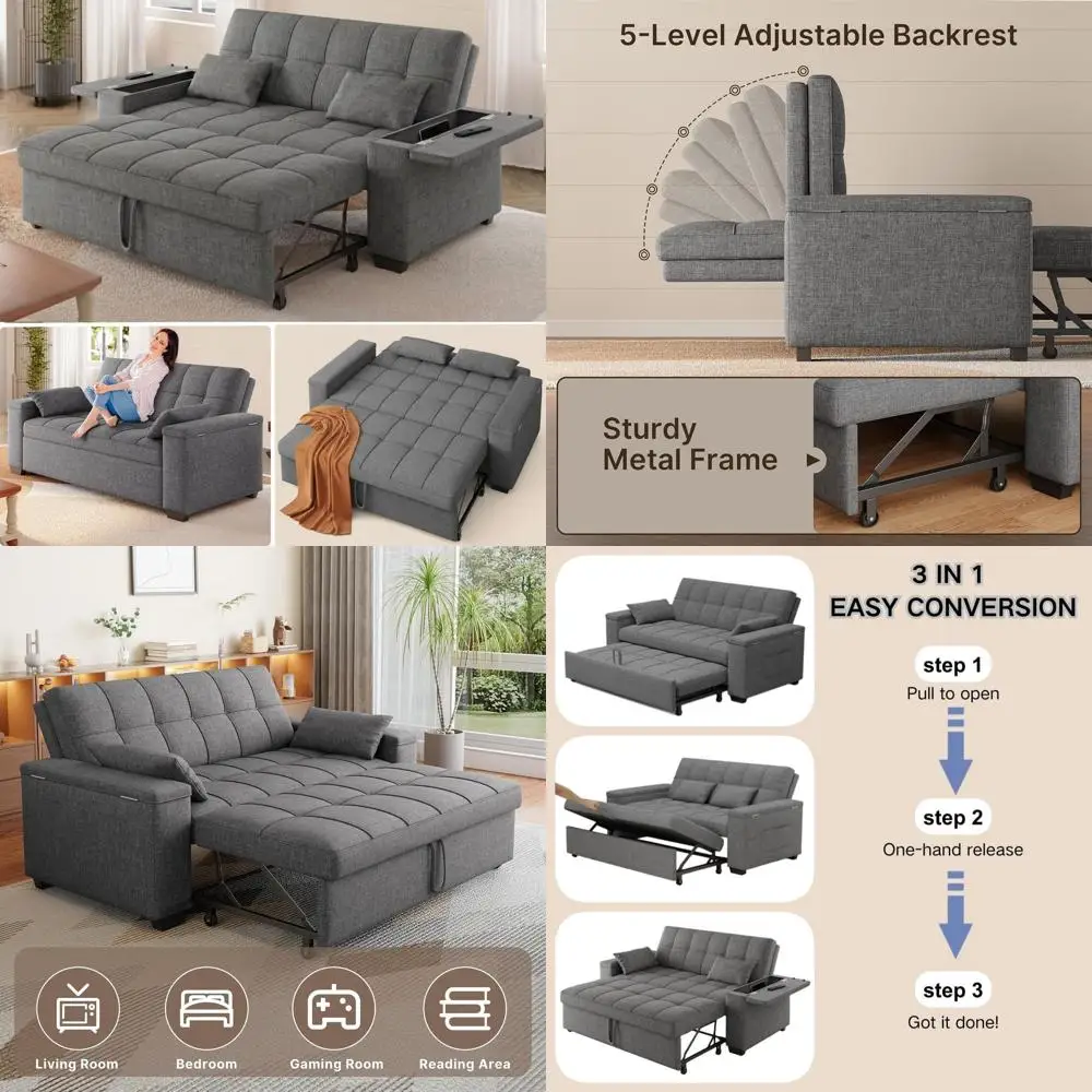 

Трансформируемая кровать-софа 3-в-1, выдвижной диван 63,6 дюйма с подлокотниками для хранения, регулируемая спинка и карманы, льняной диван-софа, раскладной диван-кровать