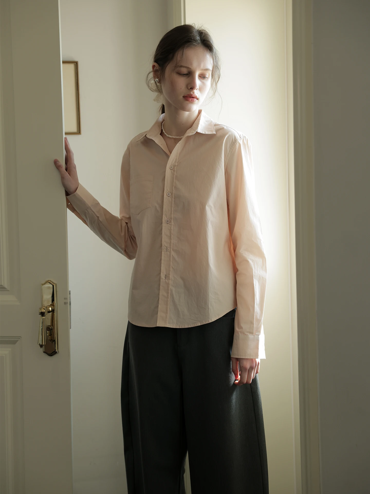 

Pink Long Sve irt Women's Spring 2026 New Loose Layering Versatile Collar irt Gentle Sle Breathable Cotton Ne...