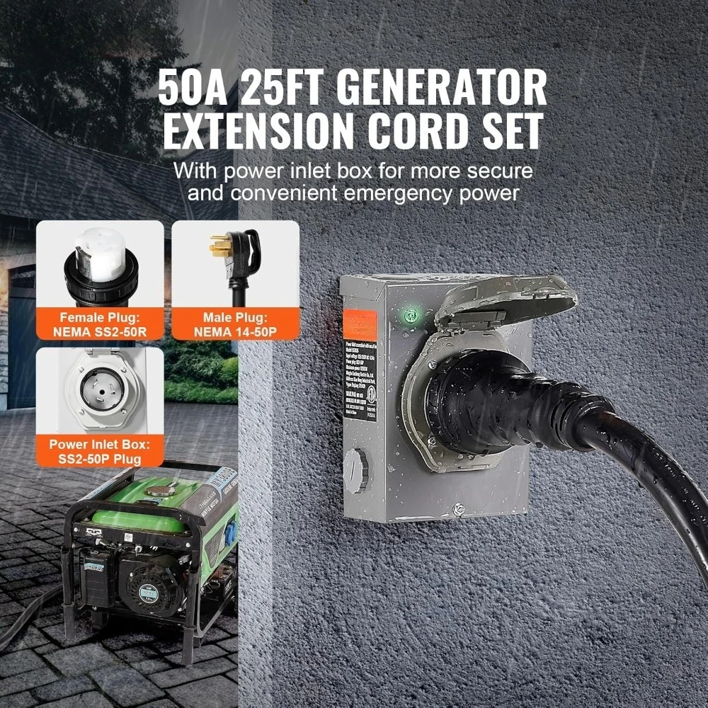 جودة عالية - سلك مولد 50 أمبير ومجموعة صندوق مدخل الطاقة، سلك تمديد مولد 25 قدم NEMA 14-50P/SS2-50R STW 6/3+8/1 AWG
