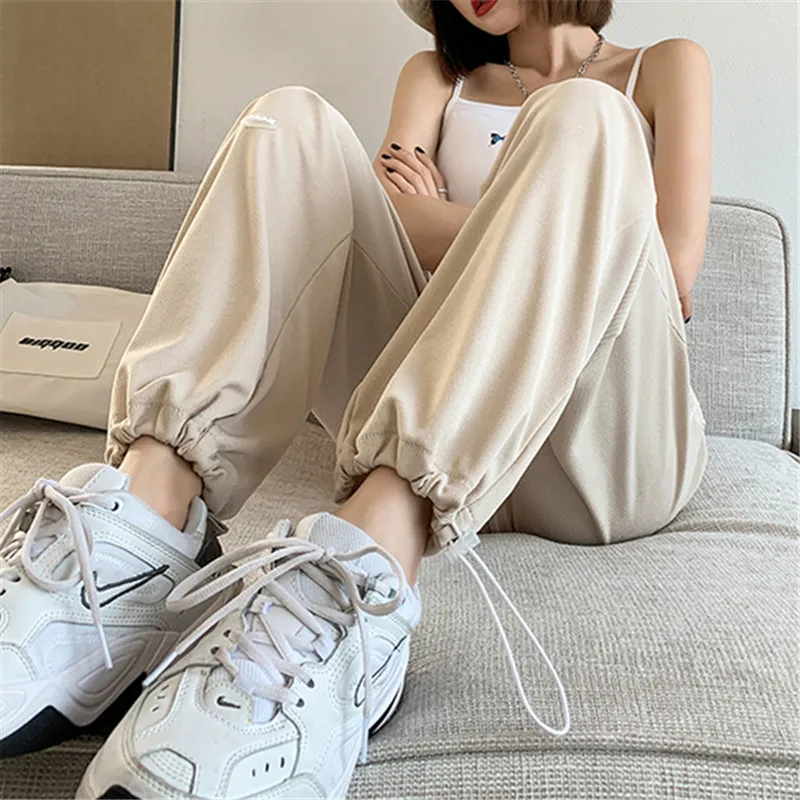 Ice Silk Wide Leg Pants Women's High Waist Drapey Large Size Summer Thin Anti-Mosquito Spring Autumn Casual Cuffed Sports Tro...