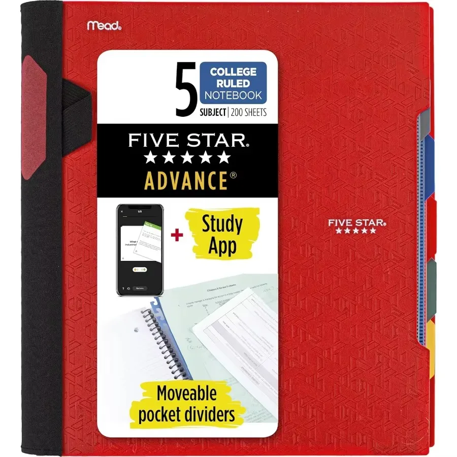 Cuaderno espiral Fire Red de 5 sujetos + aplicación - 200 hojas universitarias forradas con divisores