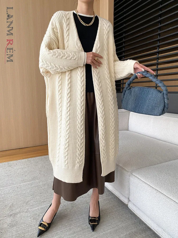 

[LANMREM] Office Lady Knitting Coats For Women V Neck Cardigan Long Outwear Minimalism Female Clothing 2024 Autumn New 26C435