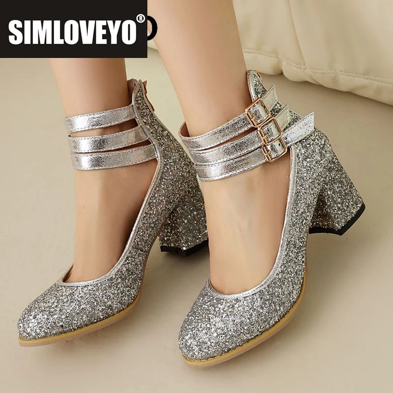 

SIMLOVEYO, новый дизайн, женские туфли-лодочки с круглым носком, массивные каблуки 6,5 см, пряжки на молнии, блестящие пикантные туфли для свиданий, большой размер 46 47 48