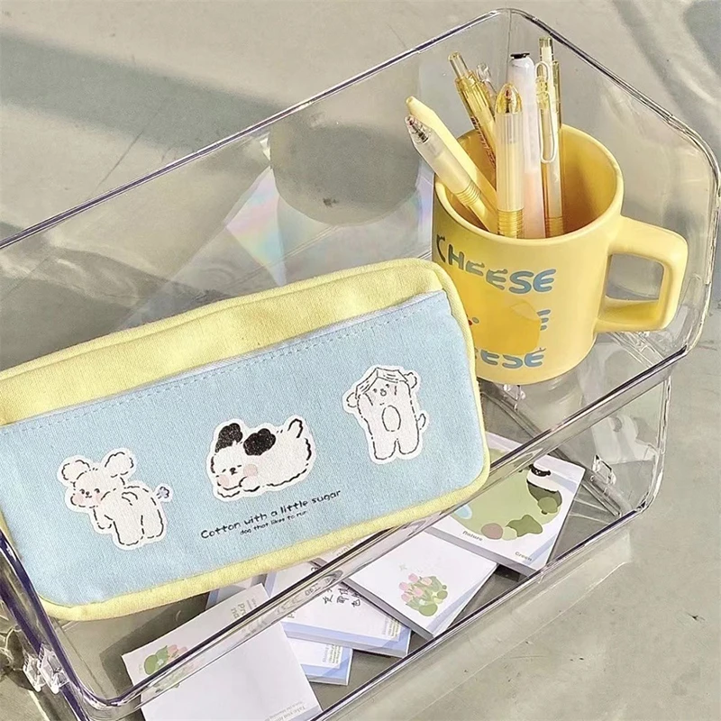 Cute Cartoon Pattern Canvas Makeup Bag Toiletry Storage Bags Large Capacity Pencil Case Contrast Color Stationery Box