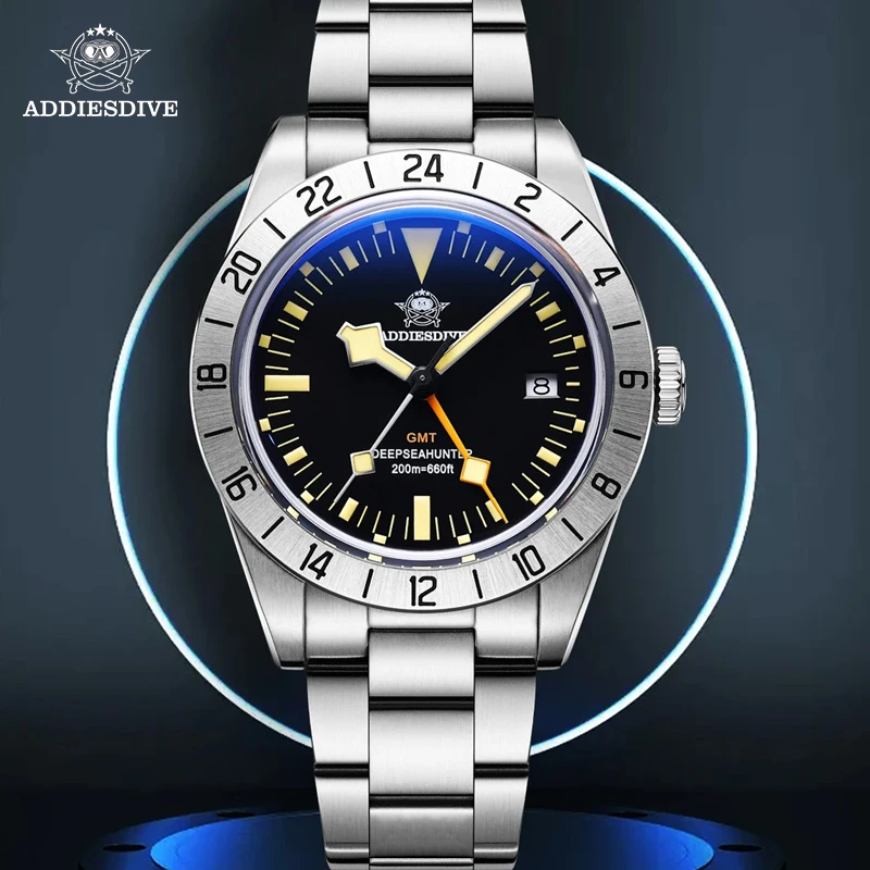 ADDIESDIVE GMT Men's Diving Quartz Watch Fashion Stainless Steel 20ATM Waterproof Luminous Watches 39mm AD2036 Relogio Masculino