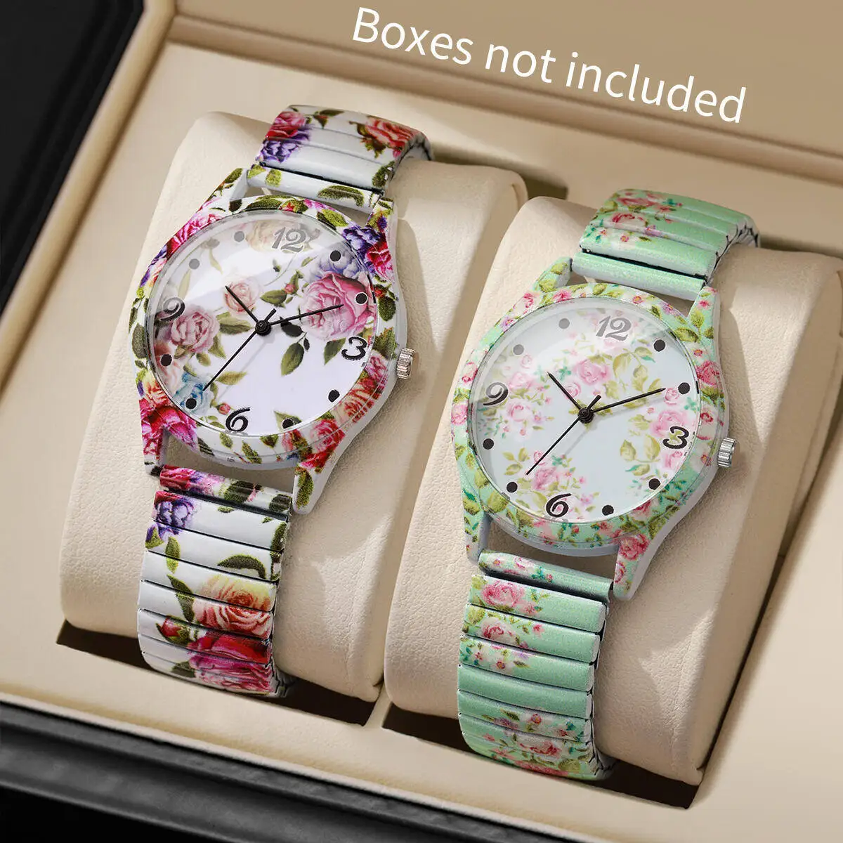 

2 шт. модные женские кварцевые наручные часы с цветочным принтом, комплект женских повседневных часов с эластичным ремешком и арабским циферблатом (без коробки)