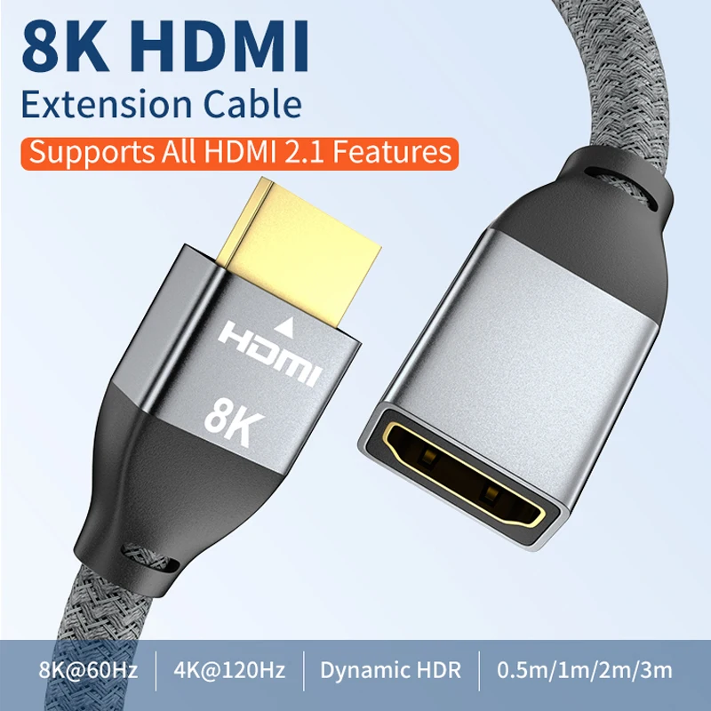 

HDMI2.1 Extension Cable 8K60Hz/ 4K120Hz Extender 1m/1.8m/2m/3m Wall Display TV Cable Adapter Connector For HDTV Monitor Splitter