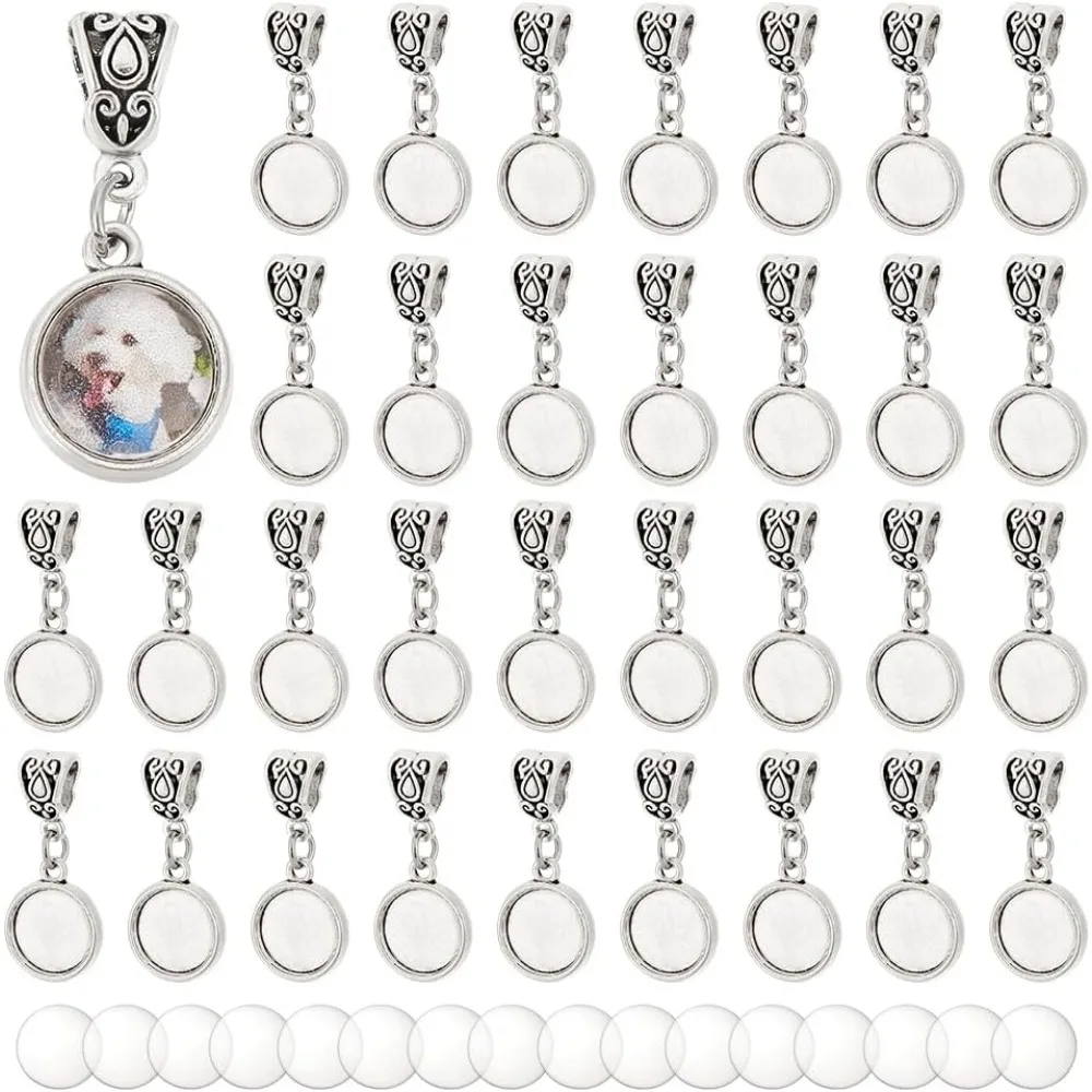 50 Sets Dangle Photo Frames for European Snake Chain, Personalized Photo Charm Bead Custom Round Frame Bead with 12mm