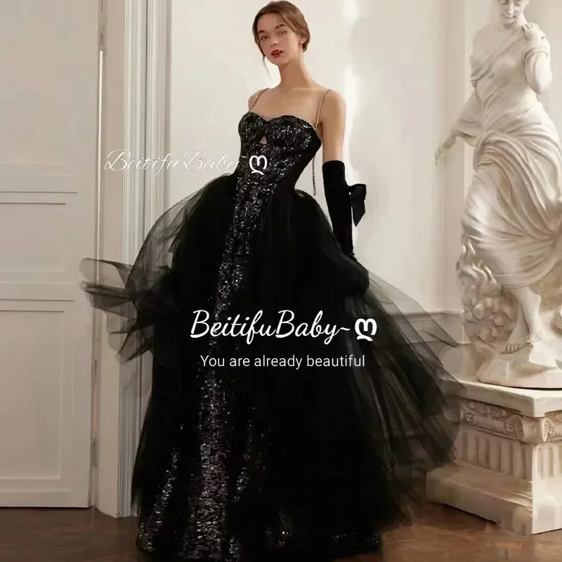 BeitifuBaby Strapless Dress for Women Evening Party Sequins Slimming Crystal Decoration Ball Gown Banquet Prom Black Dresses