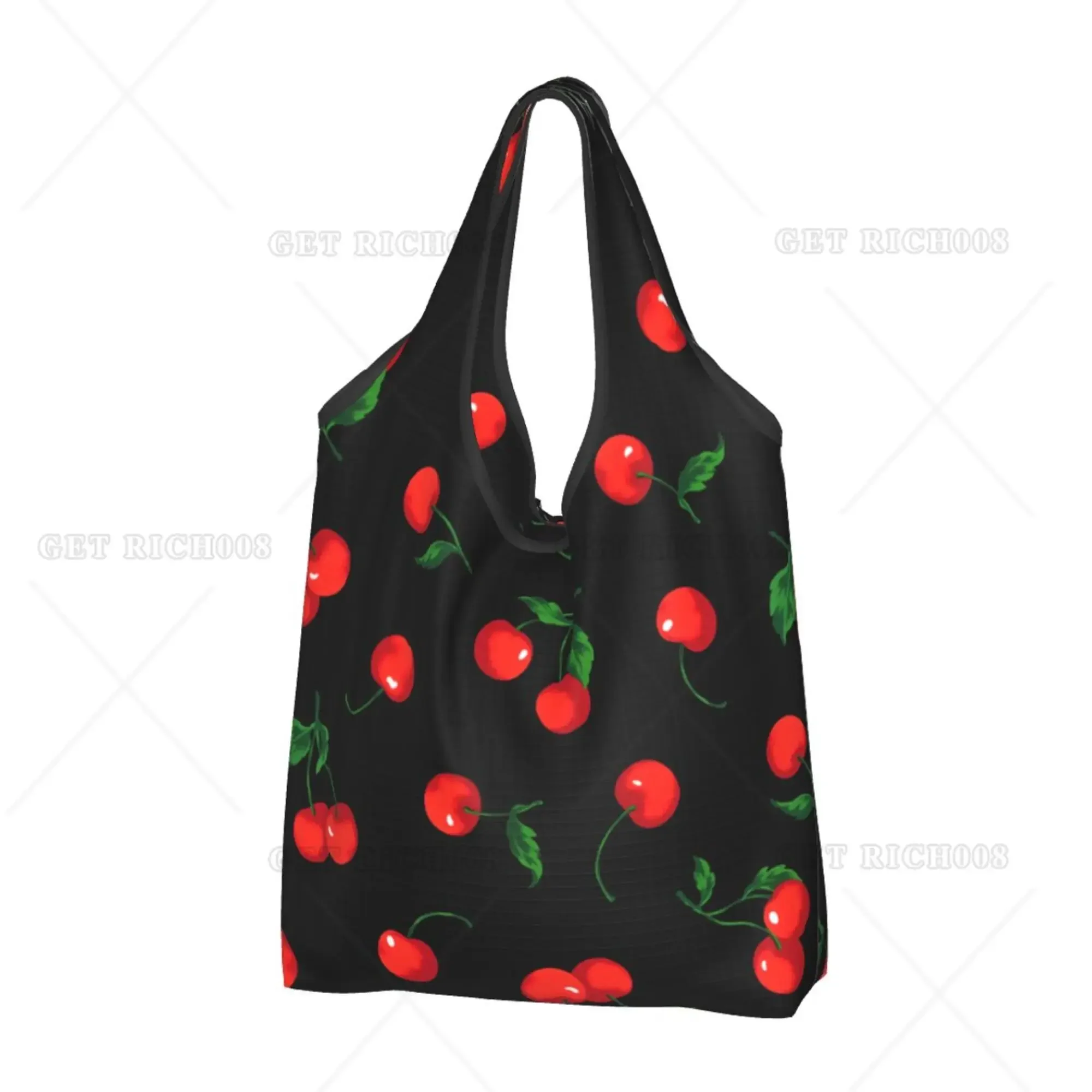 Cherry Fruit Tile Pattern Reusable Bag Foldable Shopper Bag No Zipper Vintage Recyclable Grocery Bags One Size for Women