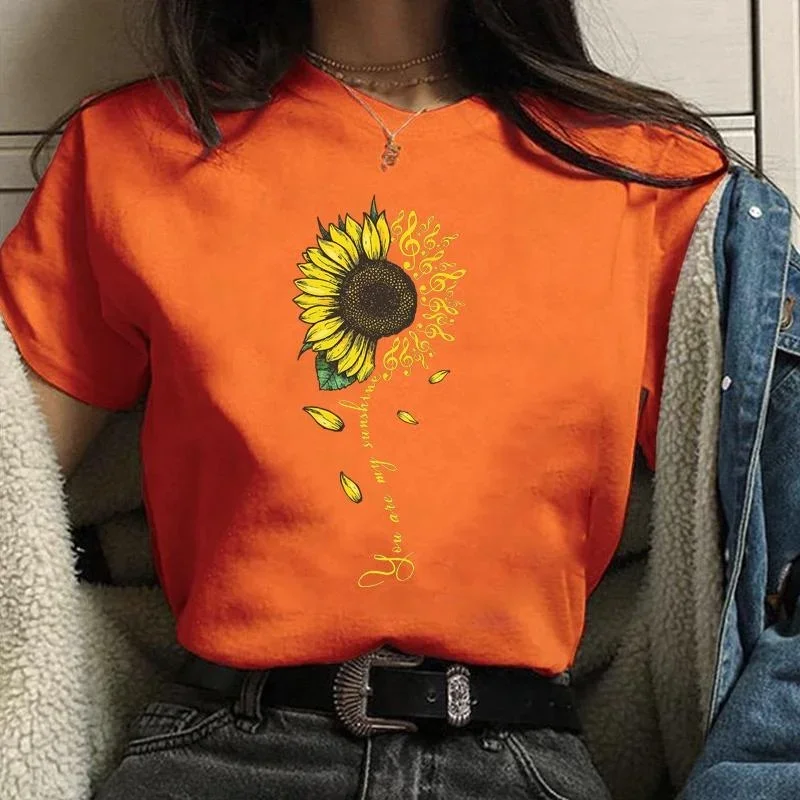 Short Sleeve T Shirt Summer Women's Fashion Chrysanthemum Note Printed T-Shirt Casual Comfortable Women's Outdoor Round Neck Top