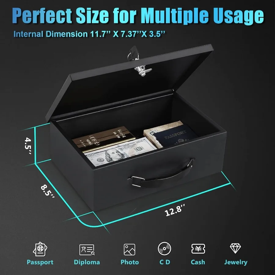 Caja fuerte resistente al fuego con cerradura de llave para almacenamiento de seguridad de oficina en el hogar para documentos de objetos de valor 12,8 x 8,5 x 4,5 pulgadas