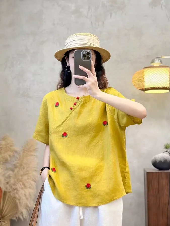 

Льняная футболка с вышивкой Sli, свободная посадка, повседневная круглая футболка Ne ort Sve, женский топ больших размеров, летний модный топ для поездок на работу