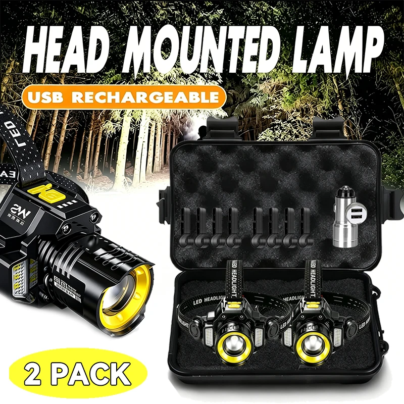 Wiederaufladbare Leistungsstarke Stirnlampe 90 °   Verstellbare Zoombare LED-Stirnlampe mit Eingebauter 18650-Batterie für Camping Frontlampe