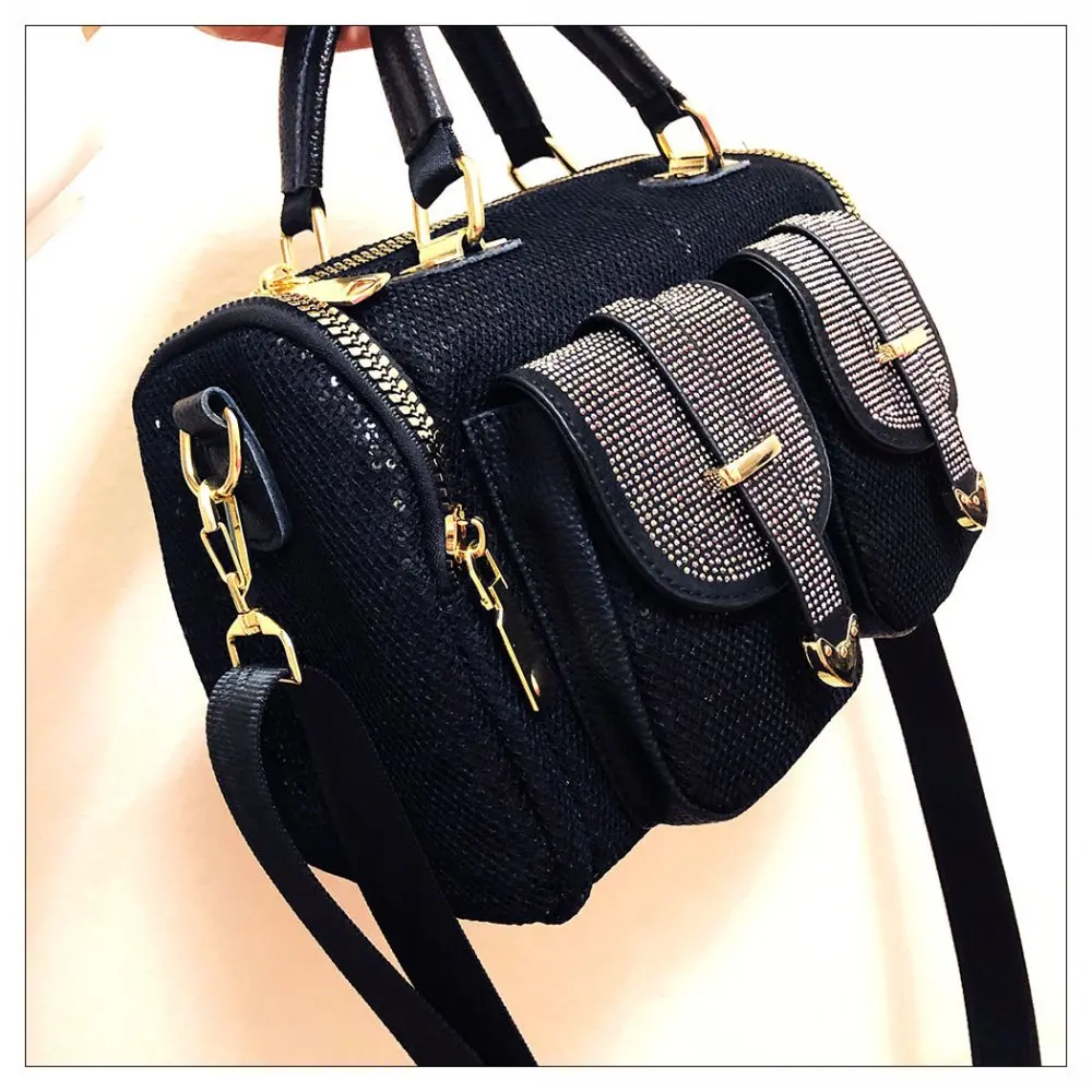 Female Fashion Mesh Netting Diamonds Multi-pockets Messenger Bag 2024 Women Trends Shiny Rhinestone Boston Satchel Shoulder Bag