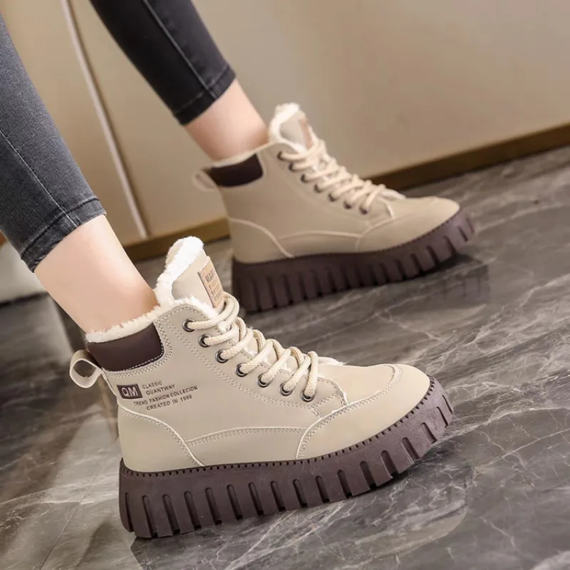 Winter Ladies Fleece‑Lined Platform Ankle Boots Lace‑Up Thick‑Sole Non‑Slip Warm High Top Casual Snow Boots Daily Outdoor Shoes