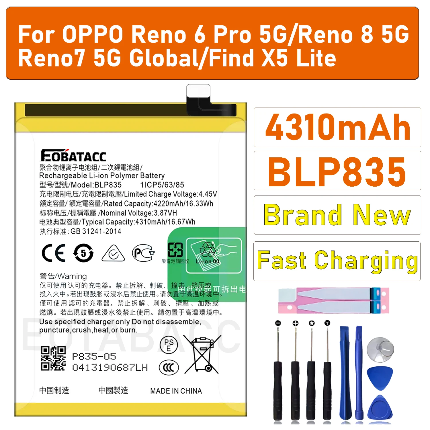 2025 Years EOBATACC 100% New BLP835 For OPPO Reno 5F/Reno 5 Lite/A94 4G/F19 Pro Battery +Free Tools