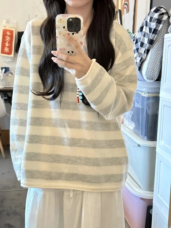 

Korean Sle V-Ne Knitwear Women's Loose Soft Striped Sweater Autumn Winter New Sle Slimming Comfortable Long Sve Top