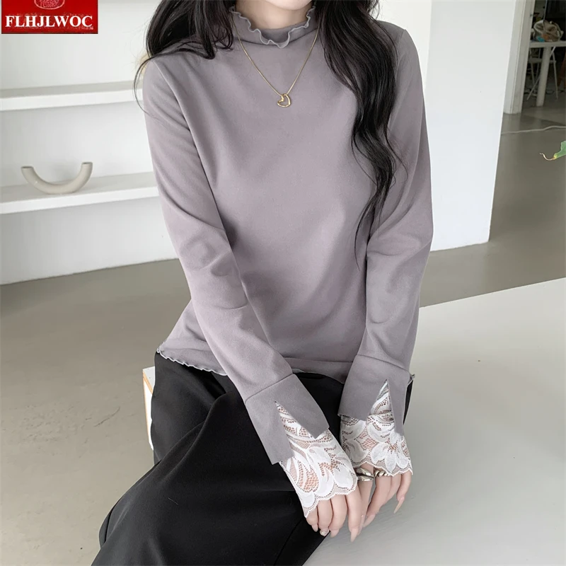 Mezza dolcevita Tees Top bianchi New Fashion Donna Manica lunga Casual Patchwork Pizzo bianco Solido Ragazze carine Corea Nozioni di base T-shirt