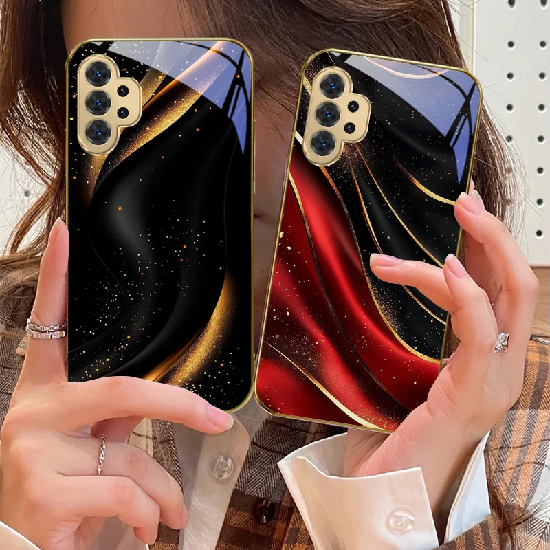 خطوط هندسية عالية الجودة لهاتف سامسونج A 31 32 33 34 35 14 15 13 16 25 26 50 51 52 53 54 55 56 70 71 72 73 حافظة هاتف زجاجية ذهبية