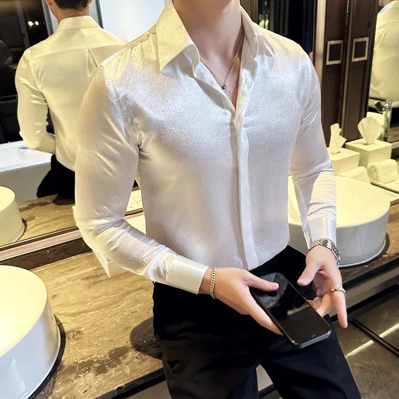 Luxury Glossy Shirt for Men High-quality Long Sleeve Business Formal Dress Shirts Fashion Casual Social Party Banquet Blouse