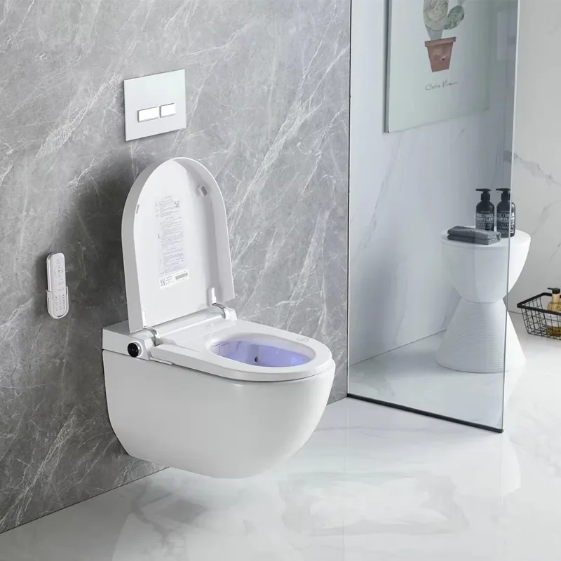 Smart Wall-Hung WC Toilet Set with Automatic Operation Ceramic Elongated Bowl S-Trap Drainage Remote Control Included