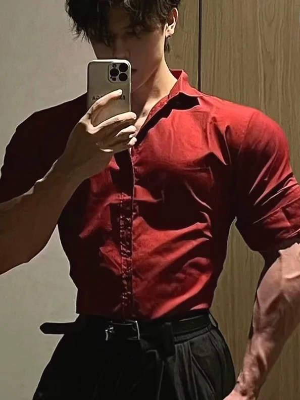 

American Hard Man Sle Red irt Muscle Men Tight No Ironing Sl Long Sve Silk Luster Casual Workwear irt