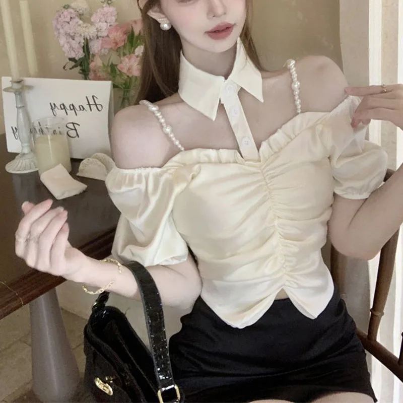 

Summer French Pure Desire Wind Sexy Off Shoulder Slim Halter Polo Collar Ruffles Pleated Square Neck Puff Sleeve Pearl Tops